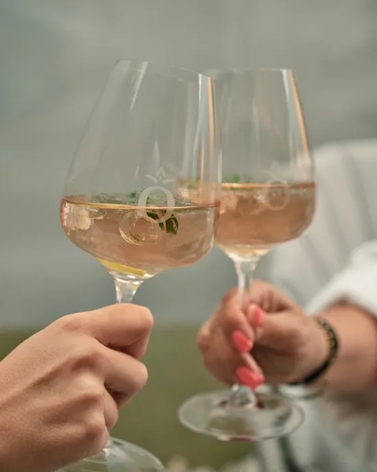 Zwei Personen stoßen mit Gläsern Roséwein in einem Außenbereich an